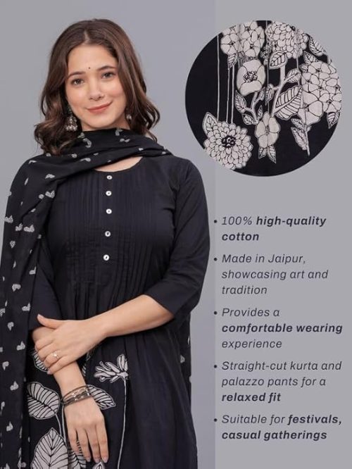 Premium cotton lady suit set with kurta, palazzo, and printed dupatta