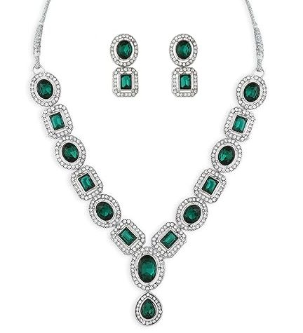 Zaveri Pearls green stone necklace & earrings silver-plated set