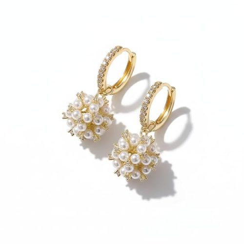 Gold plated pearl drop earrings with white pearl clusters women