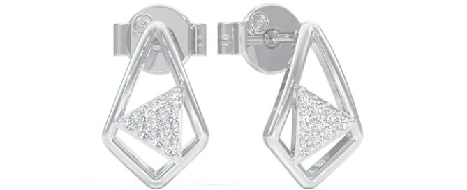 Various stud earrings for ladies showing different styles including pearls, diamonds, and geometric shapes on display.