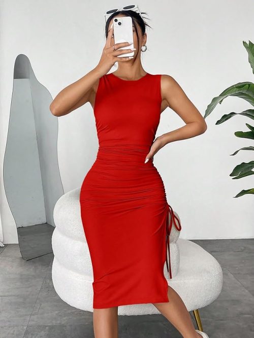 Red bodycon dress with side slit and ruched waist design