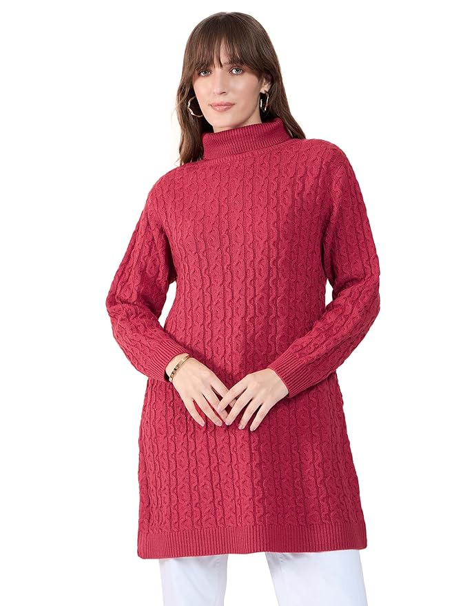 Sweater dress women wool blend with high neck and full sleeves